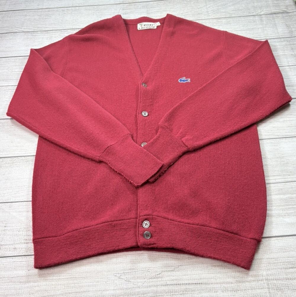 IZOD Vintage Lacoste Cardigan Sweater Burgundy Acrylic Blue Alligator Size L